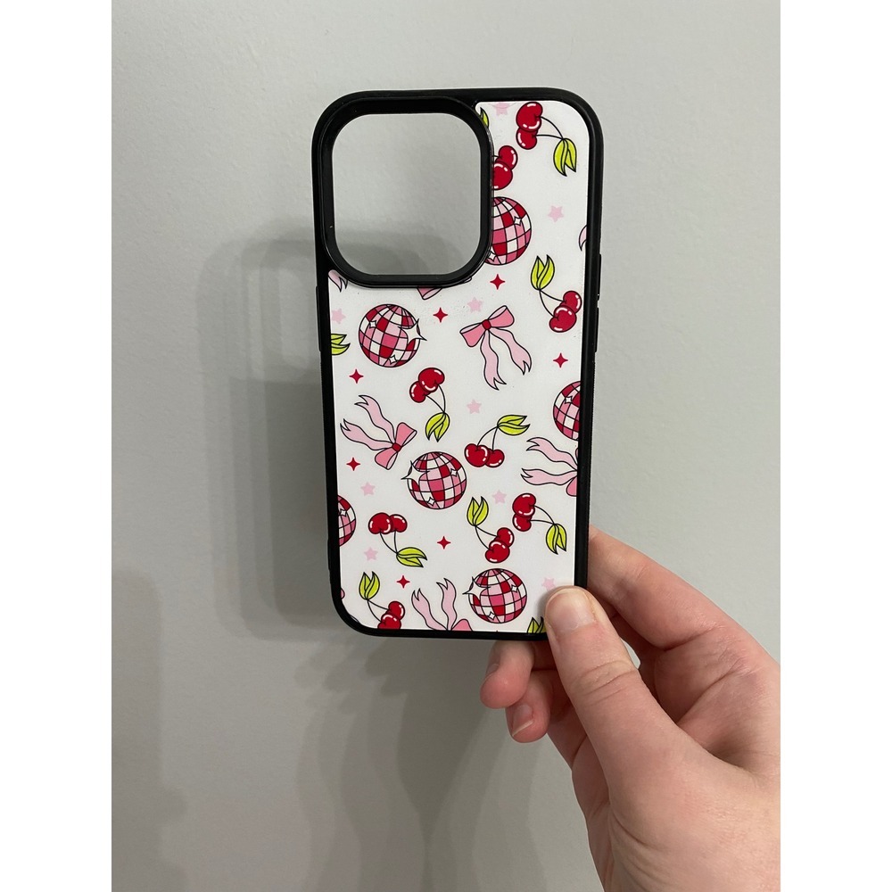 iPhone 14 Pro Case White Pink Red Disco Ball Cherry Bow Coquette Retro Bumper